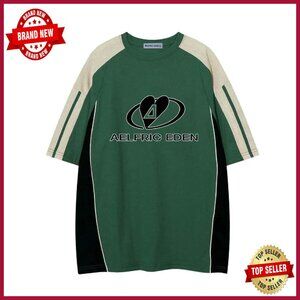 Oversized Graphic Tee Unisex Streetwear Patchwork Polo Cotton